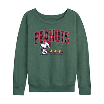 Women's Peanuts Snoopy & Woodstock Christmas Plaid Logo French Terry Long Sleeve Tee