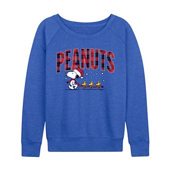 Women's Peanuts Snoopy & Woodstock Christmas Plaid Logo French Terry Long Sleeve Tee
