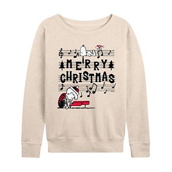 Women's Peanuts Merry Christmas Music Notes French Terry Long Sleeve Tee