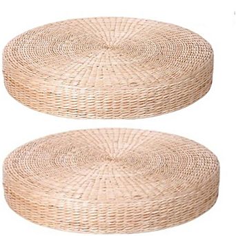 2 Pack Round Tatami Floor Cushions Straw Woven Padded Seat Mats for Outdoor Living Room