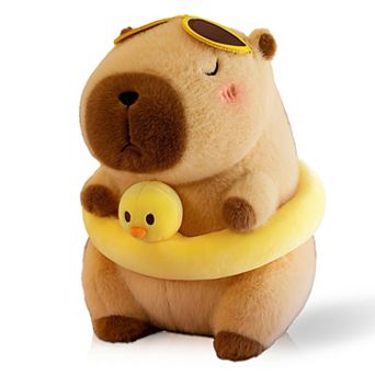 Capybara Plush 12" Pool Party Capybara Stuffed Animal Kawaii Duck Floatie & Sunglasses Wearing Cute