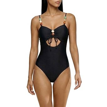Women's Retro Faux Stone Cut Out Monokini Bikini 1 pc Straps Tops Tummy Control Swimwear