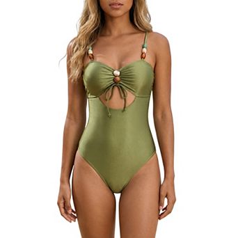 Women's Retro Faux Stone Cut Out Monokini Bikini 1 pc Straps Tops Tummy Control Swimwear