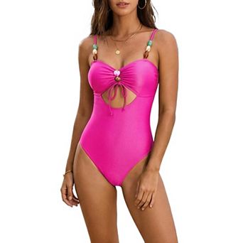 Women's Retro Faux Stone Cut Out Monokini Bikini 1 pc Straps Tops Tummy Control Swimwear