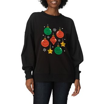 Women's Peanuts Christmas Ornaments Oversized Fleece Crew Sweatshirt