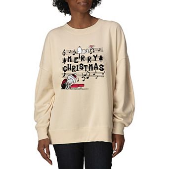Women's Peanuts Merry Christmas Music Notes Oversized Fleece Crew Sweatshirt