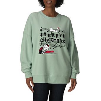 Women's Peanuts Merry Christmas Music Notes Oversized Fleece Crew Sweatshirt