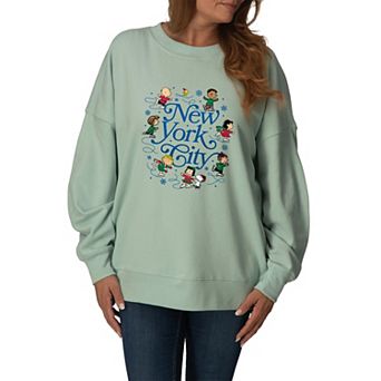Women's Peanuts New York City Ice Skating Oversized Fleece Crew Sweatshirt