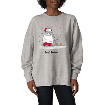 Women's Peanuts Snoopy & Woodstock “Believe” Holiday Snow Oversized Fleece Crew Sweatshirt