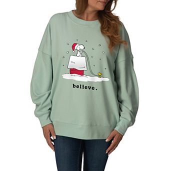 Women's Peanuts Snoopy & Woodstock “Believe” Holiday Snow Oversized Fleece Crew Sweatshirt
