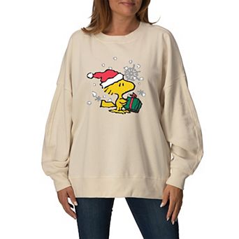 Women's Peanuts Woodstock Christmas Present Oversized Fleece Crew Sweatshirt