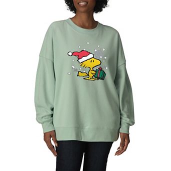Women's Peanuts Woodstock Christmas Present Oversized Fleece Crew Sweatshirt