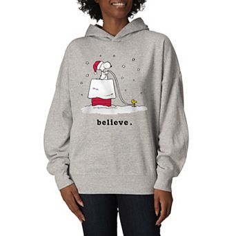 Women's Peanuts Snoopy & Woodstock “Believe” Holiday Snow Oversized Fleece Hoodie Sweatshirt