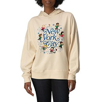 Women's Peanuts New York City Ice Skating Oversized Fleece Hoodie Sweatshirt