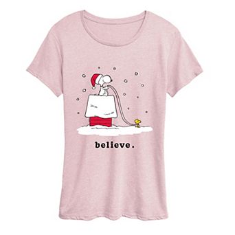Women's Peanuts Snoopy & Woodstock “Believe” Holiday Snow Graphic Tee