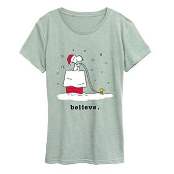 Women's Peanuts Snoopy & Woodstock “Believe” Holiday Snow Graphic Tee