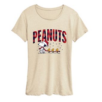 Women's Peanuts Snoopy & Woodstock Christmas Plaid Logo Graphic Tee