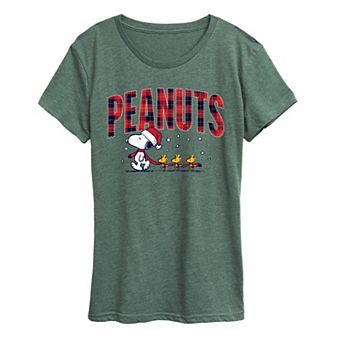 Women's Peanuts Snoopy & Woodstock Christmas Plaid Logo Graphic Tee