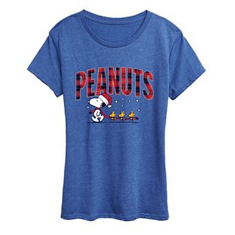 Women's Peanuts Snoopy & Woodstock Christmas Plaid Logo Graphic Tee