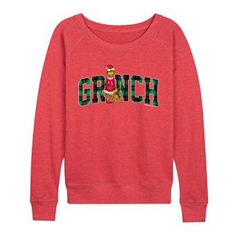 Women's Dr. Seuss The Grinch Christmas Plaid Logo French Terry Long Sleeve Tee