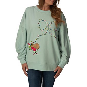 Women's Dr. Seuss The Grinch Christmas Lights Oversized Fleece Crew Sweatshirt