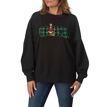 Women's Dr. Seuss The Grinch Christmas Plaid Logo Oversized Fleece Crew Sweatshirt