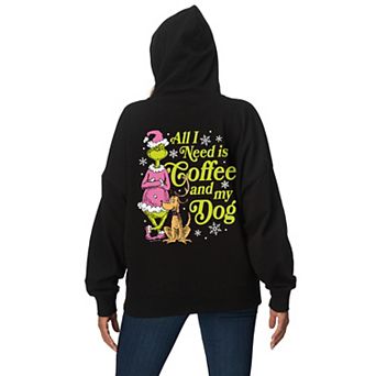 Women's Dr. Seuss The Grinch All I Need Is Coffee & My Dog Pastel Oversized Fleece Hoodie Sweatshirt