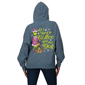 Women's Dr. Seuss The Grinch All I Need Is Coffee & My Dog Pastel Oversized Fleece Hoodie Sweatshirt