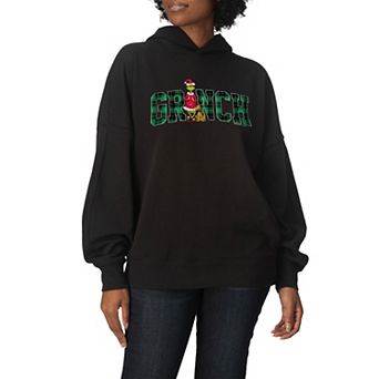 Women's Dr. Seuss The Grinch Christmas Plaid Logo Oversized Fleece Hoodie Sweatshirt