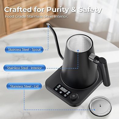 Stainless Steel Gooseneck Kettle, Fast Heating, ±1°F Temp Control with Auto Memory