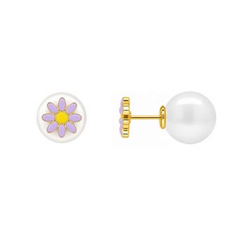 PRIMROSE 14k Gold Flash Plated Simulated Pearl Daisy Flower Double-Sided Earrings