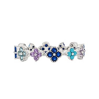 PRIMROSEFine Silver Plated Cubic Zirconia Multi Flower Eternity Band Ring