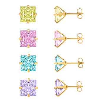 PRIMROSE 4-Pair Fine Silver Plated Cubic Zirconia Multi-Color Square Stud Earrings Set