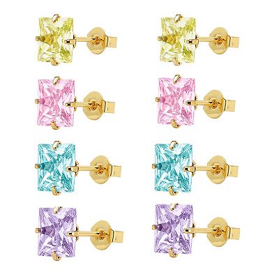 PRIMROSE 4-Pair Fine Silver Plated Cubic Zirconia Multi-Color Square Stud Earrings Set