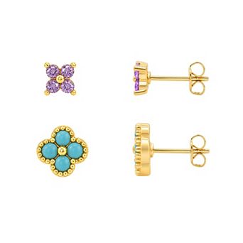 PRIMROSE 14k Gold Flash Plated Cubic Zirconia Flower Stud Earrings Duo Set