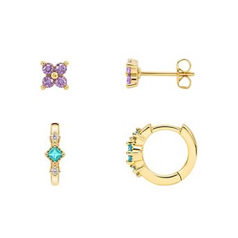PRIMROSE 14k Gold Flash Plated Cubic Zirconia Flower Stud & Hoop Earrings Duo Set