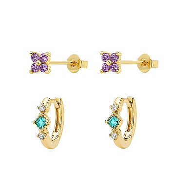 PRIMROSE 14k Gold Flash Plated Cubic Zirconia Flower Stud & Hoop Earrings Duo Set