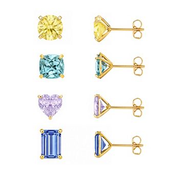 PRIMROSE 4-Pair 14k Gold Flash Plated Crystal Multi Shape Stud Earrings Set