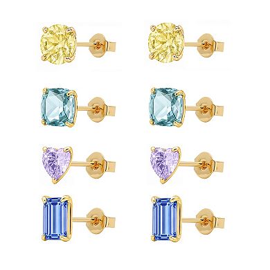 PRIMROSE 4-Pair 14k Gold Flash Plated Crystal Multi Shape Stud Earrings Set