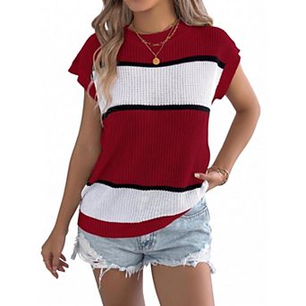 Women's Color Block Stripe Loose Knit Pullover Crew Neck Short Sleeve Sweater