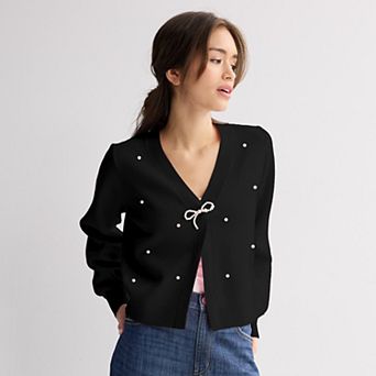 Juniors' madden girl Long Sleeve Pearl Bow V-Neck Cardigan Sweater