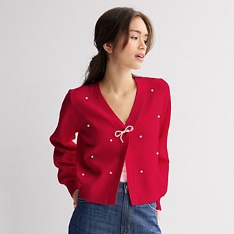 Juniors' madden girl Long Sleeve Pearl Bow V-Neck Cardigan Sweater