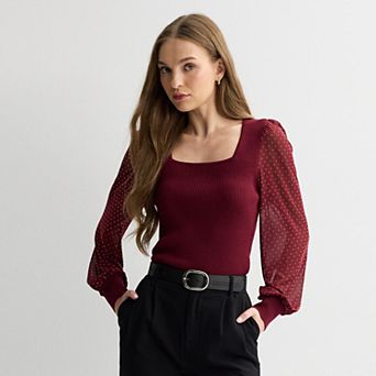 Juniors' madden girl Rhinestone Mesh Puff Long Sleeve Sweater