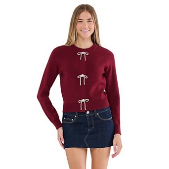 Juniors' madden girl Long Sleeve Crewneck Sweater with Jewel Bows