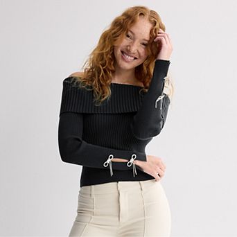 Juniors' madden girl Rhinestone Bow Sleeve Off-The-Shoulder Sweater