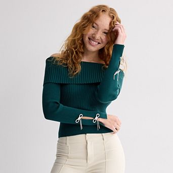 Juniors' madden girl Rhinestone Bow Sleeve Off-The-Shoulder Sweater