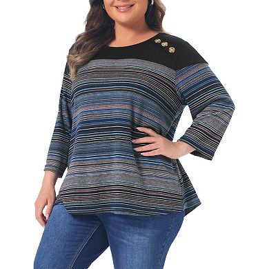 Women's Plus Size Tunic Tops Casual 3/4 Sleeve Trendy Buttons Patchwork Crewneck Striped Blouses