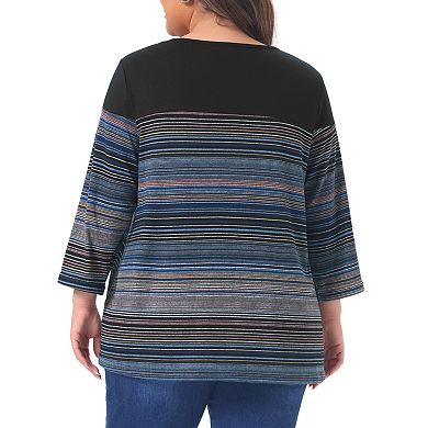 Women's Plus Size Tunic Tops Casual 3/4 Sleeve Trendy Buttons Patchwork Crewneck Striped Blouses