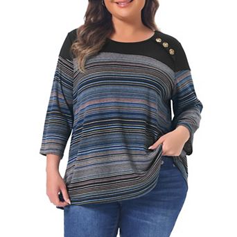 Women's Plus Size Tunic Tops Casual 3/4 Sleeve Trendy Buttons Patchwork Crewneck Striped Blouses