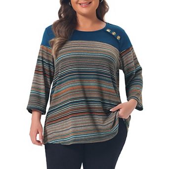 Women's Plus Size Tunic Tops Casual 3/4 Sleeve Trendy Buttons Patchwork Crewneck Striped Blouses